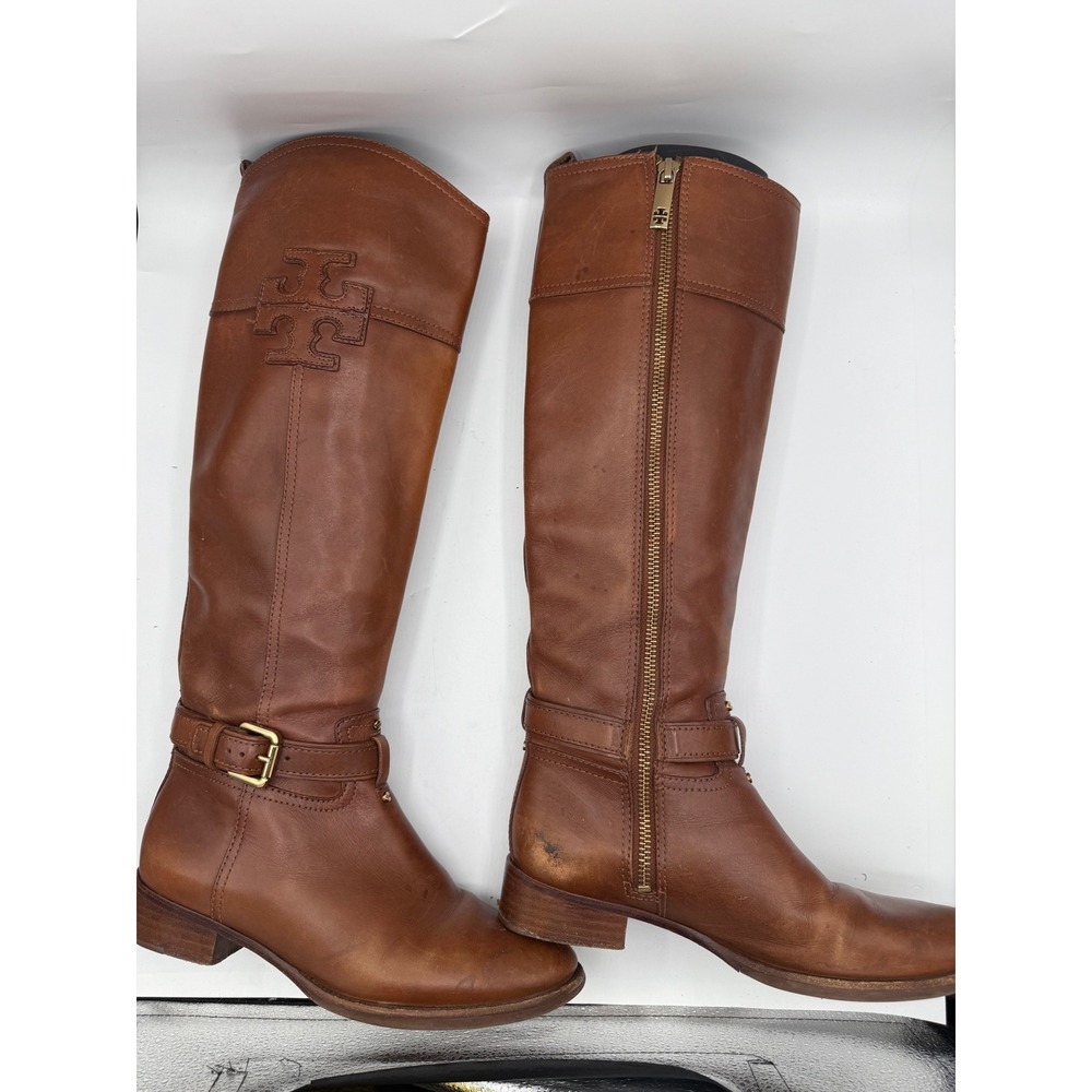 Tory Burch Riding Boots Women's 6.5 Cognac Leather Tall Equestrian Logo Boots - Picture 2 of 10
